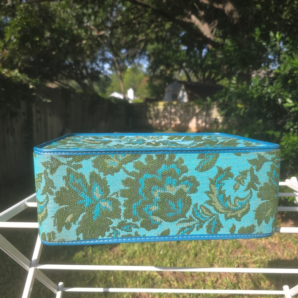 Vintage Tapestry Suitcase Turquoise Green Floral Damask Mid Century Travel Bag - Picture 7 of 8